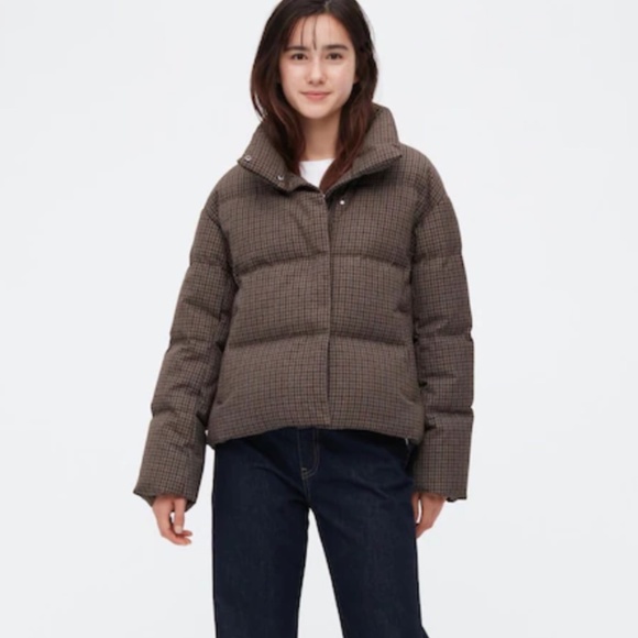 Uniqlo Women Check Patterned Down Puffer Jacket Coat Water Repellent Brown XL - Picture 9 of 13